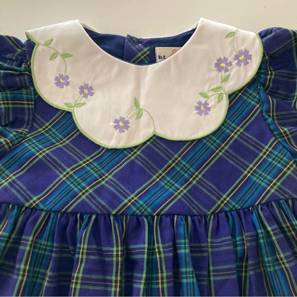 Vintage 4T Toddler Girl Plaid Purple Dress Flower Embroidered Spring - Picture 2 of 7